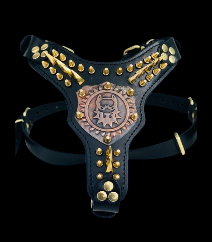 Black Leather Dog Harness with Copper Engraved Logo & Gold Spikes – Ha