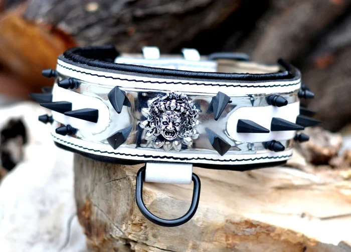 Handmade Spiked Leather Dog Collar: Personalized Engraved Name Plate