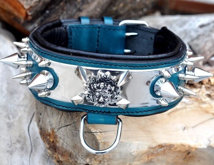 Spike Dog Collar: Handmade Buffalo Leather, Personalized Engraved Name Plate