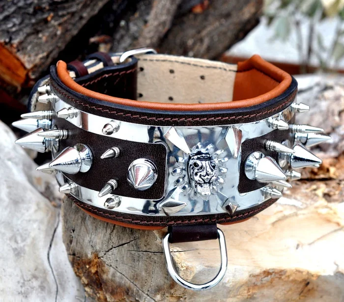Handmade Spiked Leather Dog Collar: Custom Engraved Name Plate