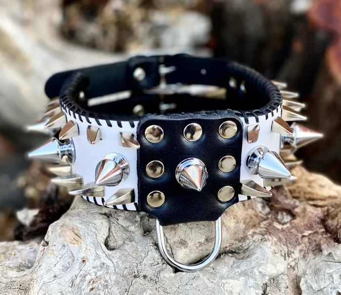 Handmade Spiked Leather Dog Collar: Personalized Engraved Name Plate