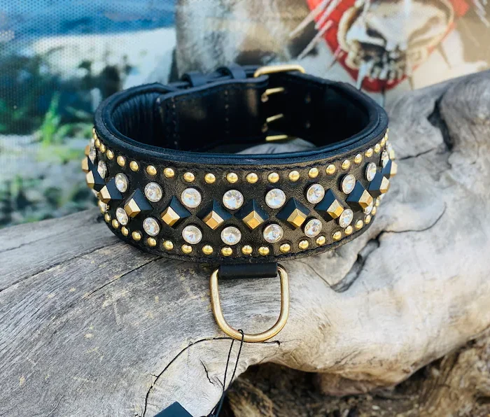 Handmade Leather Crystal Pyramid Dog Collar - Large Breed Luxury