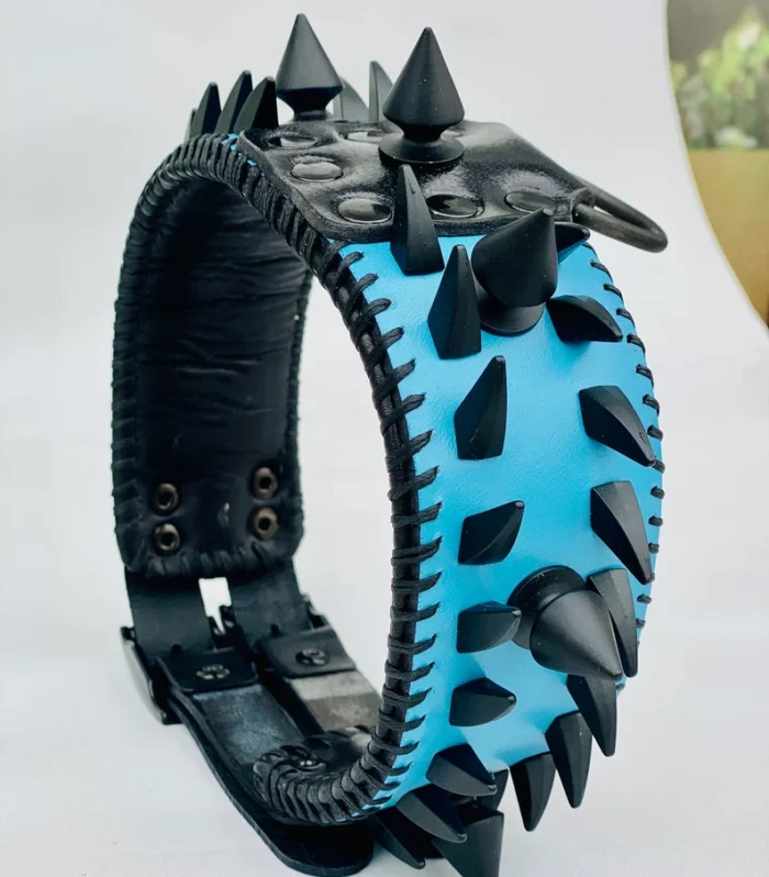 Blue Camo Spiked Dog Collar, Personalized Large Dog Collar, Handmade Leather Lined Collar for Cane Corso, Kangal, Malinois, Rottweiler