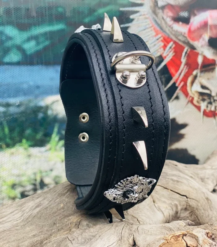 Handmade Black Leather Spiked Dog Collar: Wolf Emblem, Heavy Duty