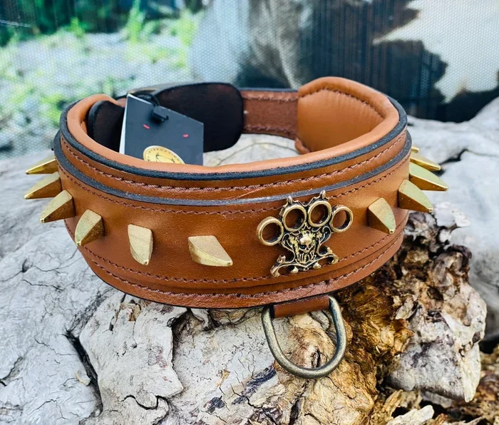 Brown Buffalo Leather Spiked Dog Collar: Handmade Brass Knuckle Emblem