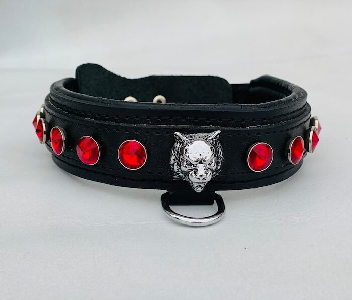 Handmade Buffalo Leather Dog Collar: Engraved Name Plate, Red Jewel Detail