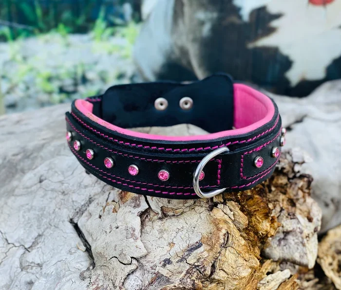 Handmade Pink Crystal-Studded Leather Dog Collar - Elegant & Durable for Medium Breeds