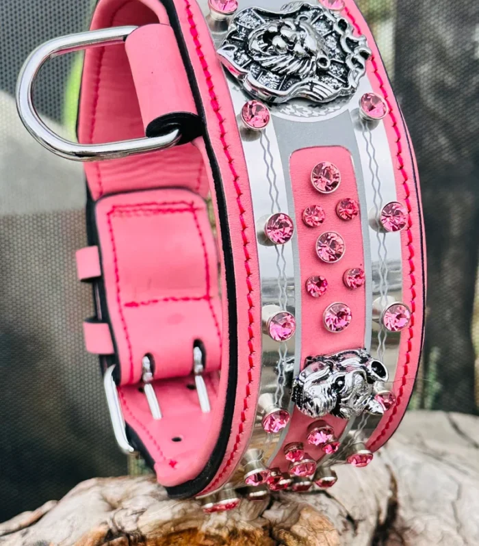 Handmade Pink Leather Dog Collar: Crystal Lion Logo, Large Breed