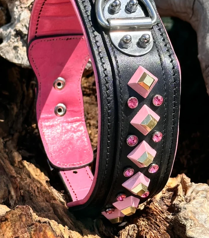 Pink Leather Studded Dog Collar | Handmade and Personalized Luxury Dog Collar