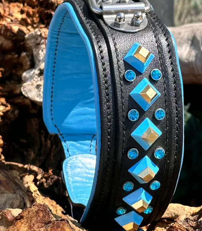 Blue Crystal Leather Dog Collar: Handmade Personalized Collar