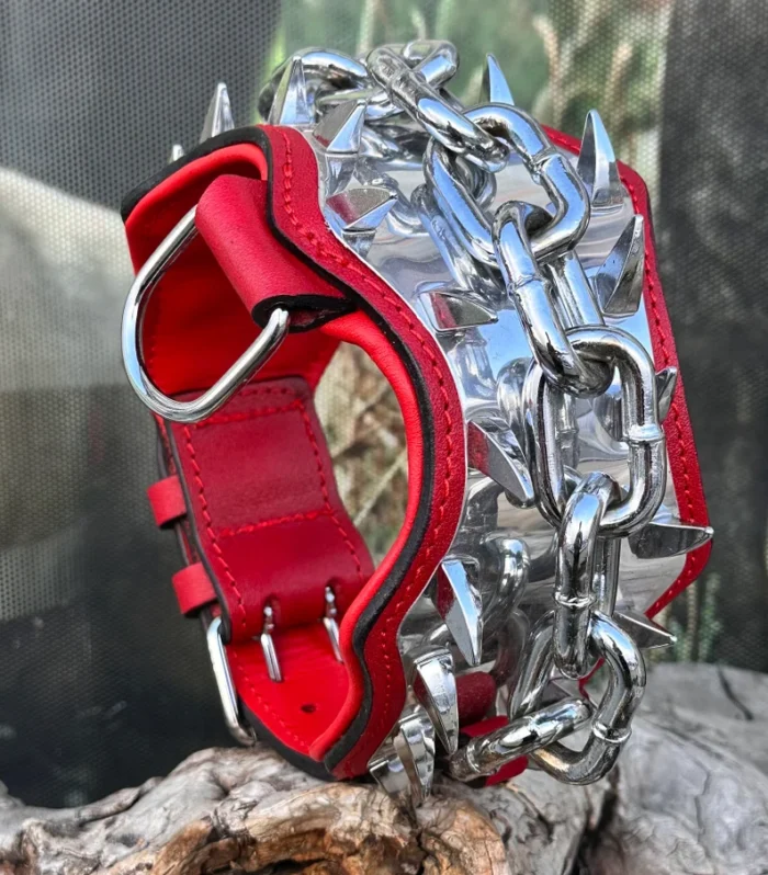 Iron Chain Dog Collar: Handmade Buffalo Leather, Personalized Engraved Name Plate