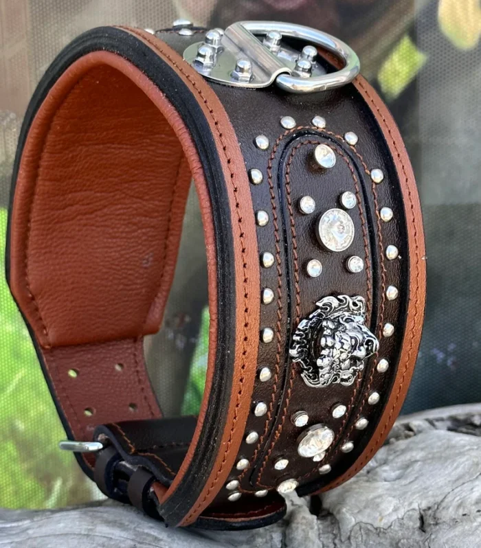 Handmade Brown Leather Crystal Dog Collar - Personalized Engraved Name Plate