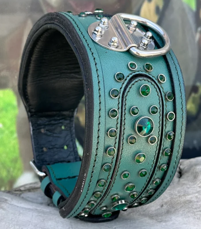 Blue Leather Crystal Dog Collar: Custom Engraved Name Plate
