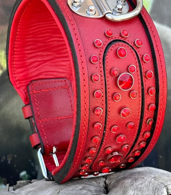 Red Crystal Dog Collar: Personalized Leather Collar with Name Plate