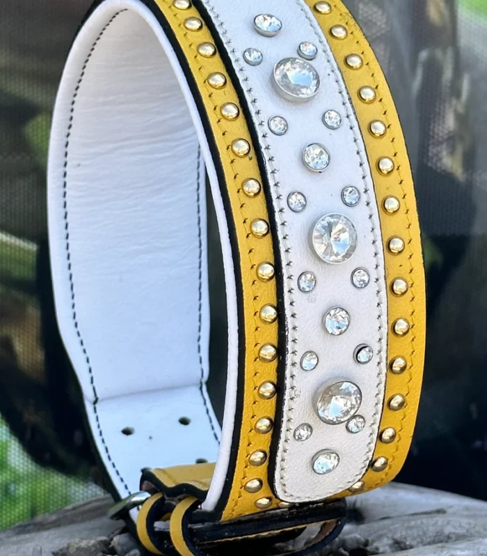 Yellow Leather Crystal Dog Collar: Custom Engraved Name Plate