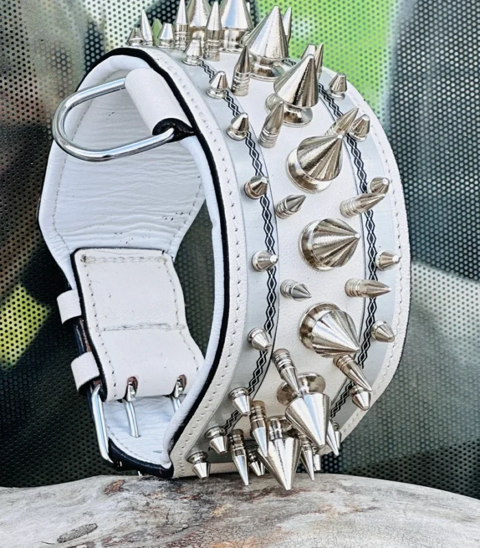 White Gold Handmade Extreme Leather Dog Collar: Steel Spikes, Powerful Breeds