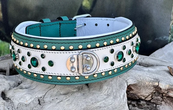 Handmade Leather Dog Collar: Green Crystal, Steel D-Ring, Large Breeds