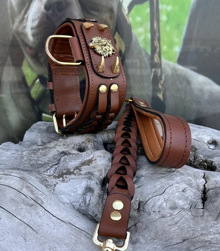 Handmade Braided Leather Dog Collar: Wolf Emblem, Large Breeds
