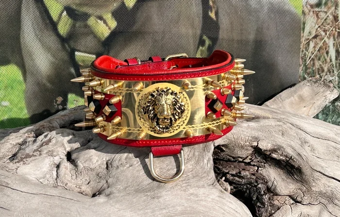 Handmade Buffalo Leather Dog Collar: Gold Brass Lion, Personalized Name Plate