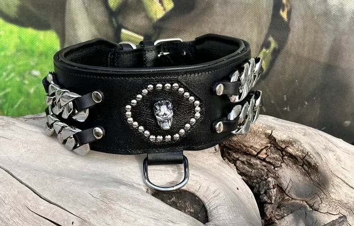 Custom Leather Dog Collar, Luxury Chain Design, Large Breed Strength, Personalized Pet Accessory