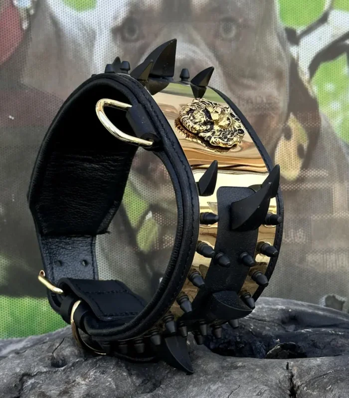 Wide Handmade Spiked Buffalo Leather Dog Collar: Gold Lion Emblem