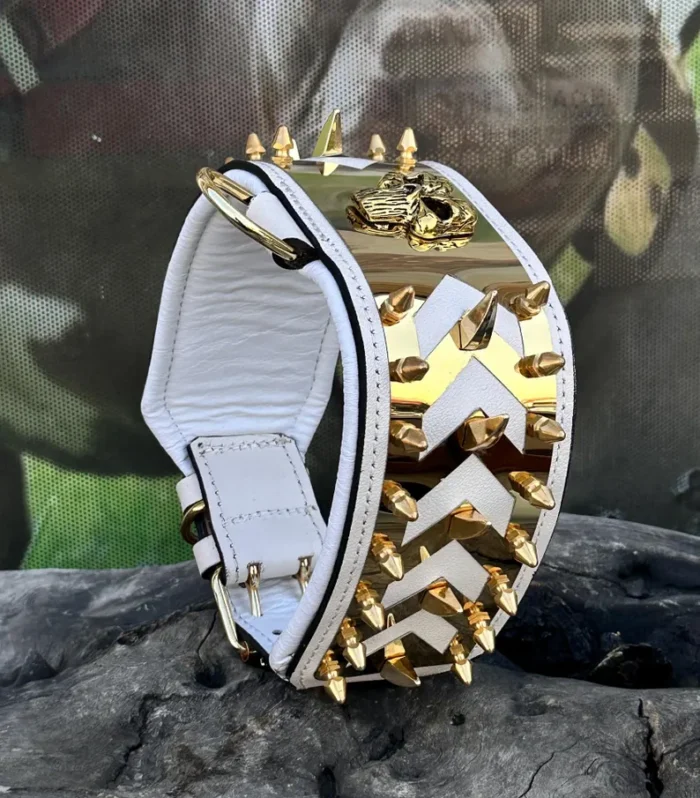 White Buffalo Leather Spiked Dog Collar: Gold Punisher Emblem, Handmade Luxury