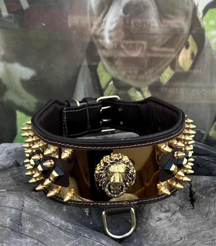 Handmade Wide Leather Dog Collar: Gold Lion Plate, Large Breeds