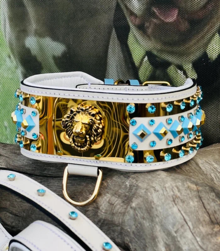 Handmade White Leather Dog Collar & Leash Set: Lion Logo, Blue Crystal
