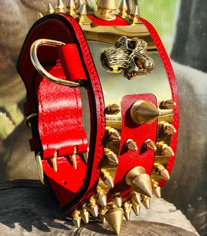Handmade Red Leather Dog Collar: Gold Steel Punisher Logo, Large Breeds