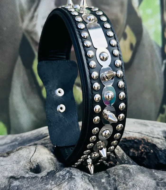 Handmade Spiked Leather Dog Collar: Custom Laser Name, Medium Breeds