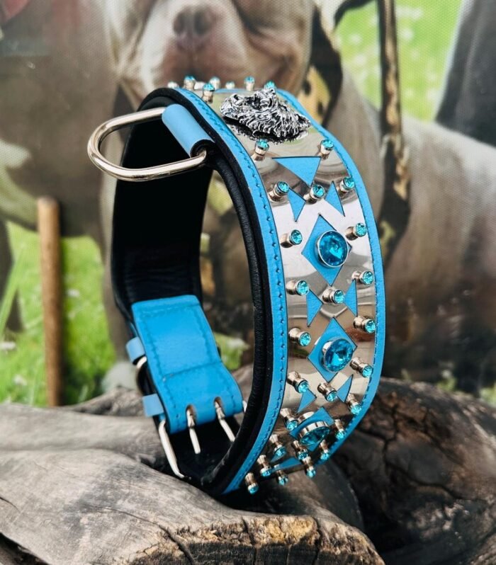 Handmade Wide Dog Collar: Blue Crystals, Elegant Design, leather dog collar, durable dog collar, thick dog collar