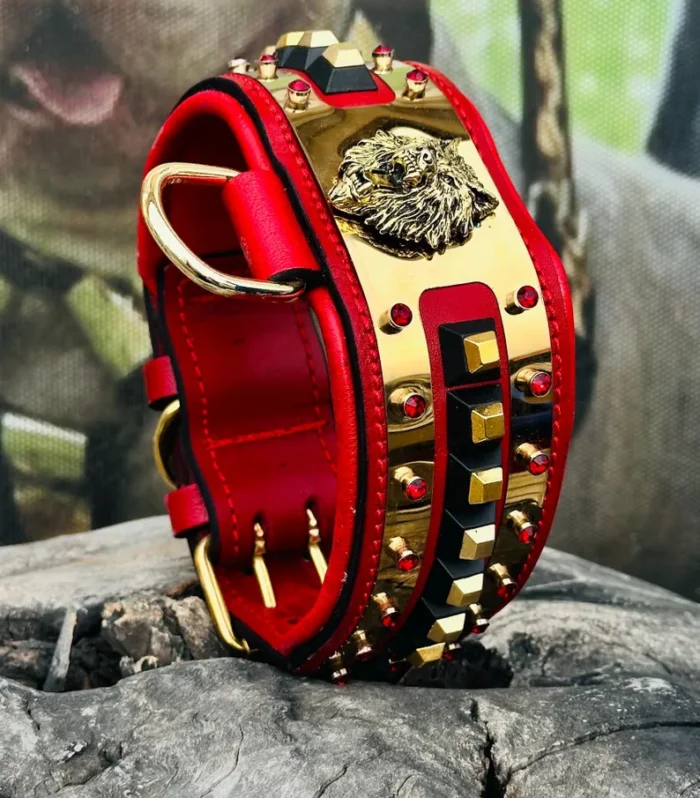 Handmade Leather Dog Collar: PersonRed Handmade Leather Dog Collar:Red Handmade Leather Dog Collar: Copper Work, Personalized and Engraved viking dog collar