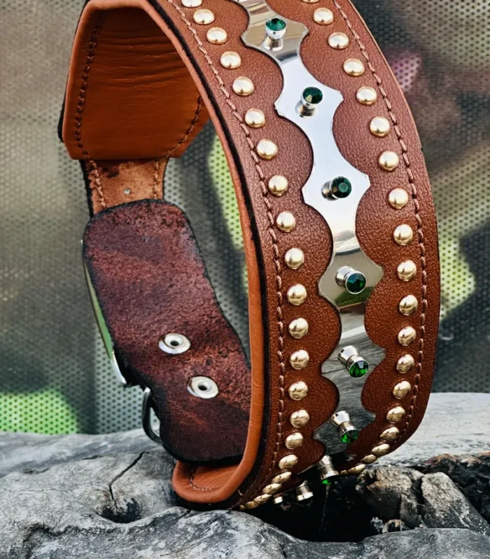 Handcrafted Leather Dog Collar with Sparkling Crystals - Elegant and Durable
