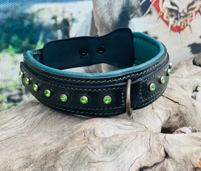 Handmade Green Crystal-Studded Leather Dog Collar - Stylish & Durable for Medium Breeds