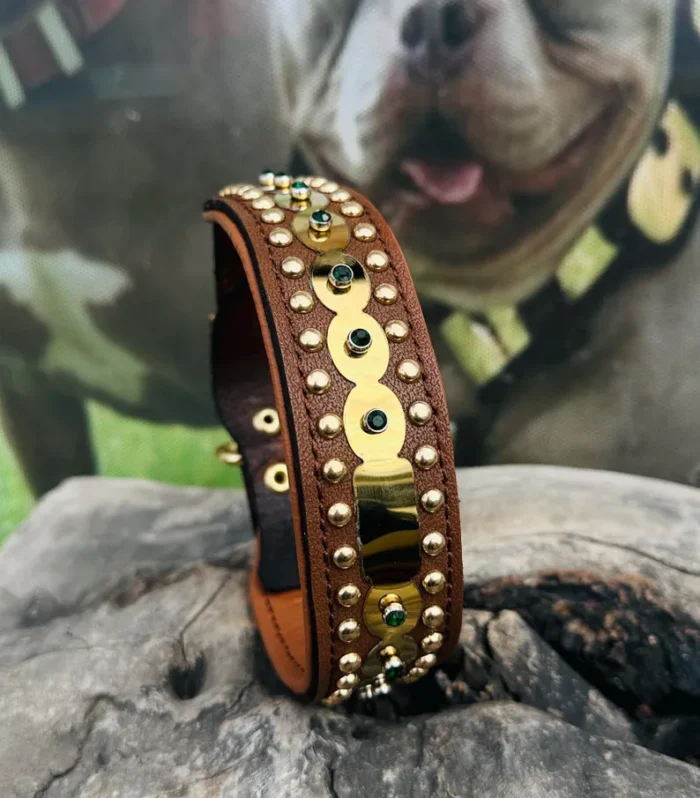 Handmade Tan Leather Dog Collar: Gold Plate & Crystal, Custom Laser Name
