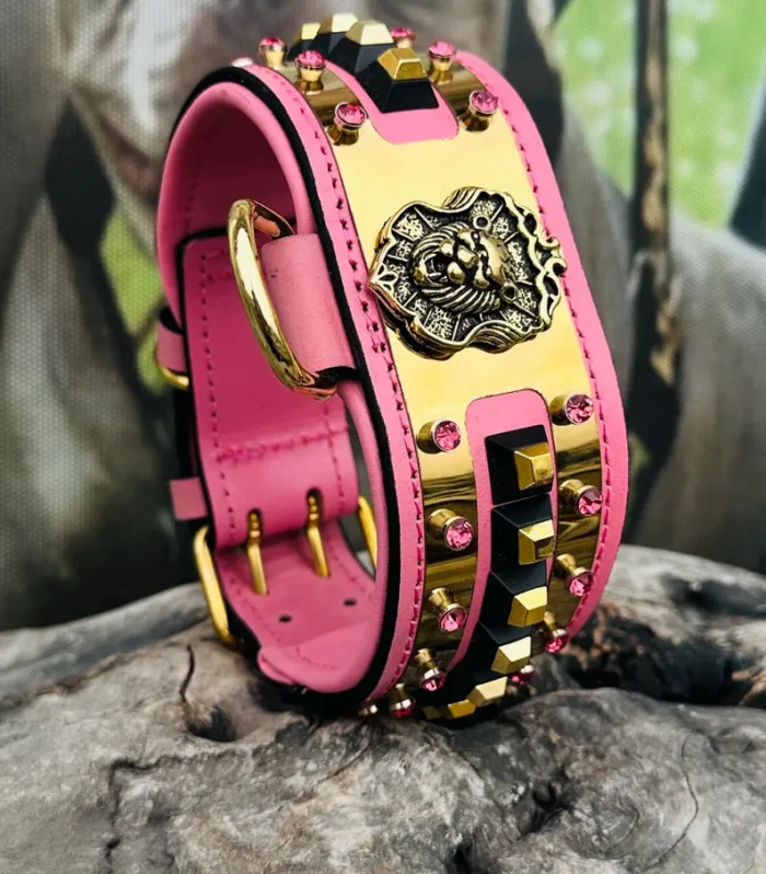 Handmade Pink Crystal Dog Collar: Gold Hardware, Large Breeds