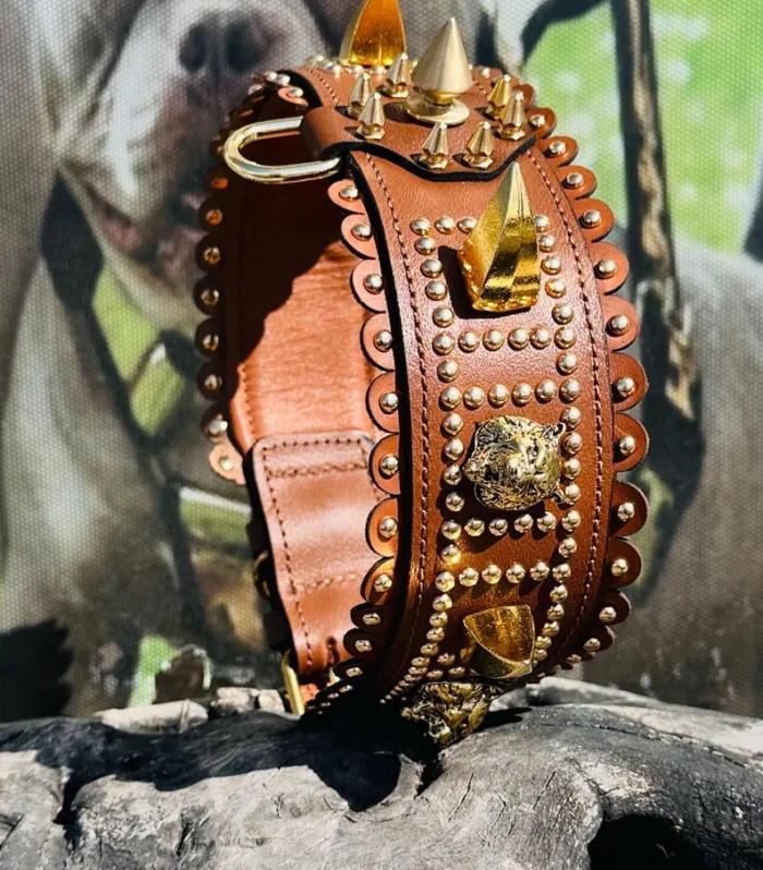 Wide Leather Dog Collar: Handmade Tan Leather with Lion Emblem