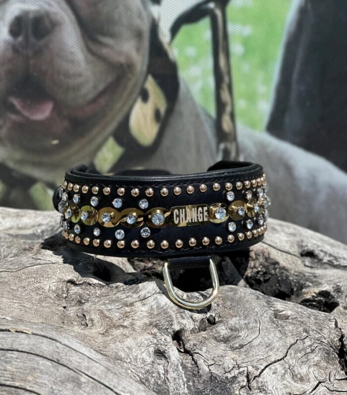 Black Leather Dog Collar: Red Crystals, Buffalo Leather, Heavy Duty