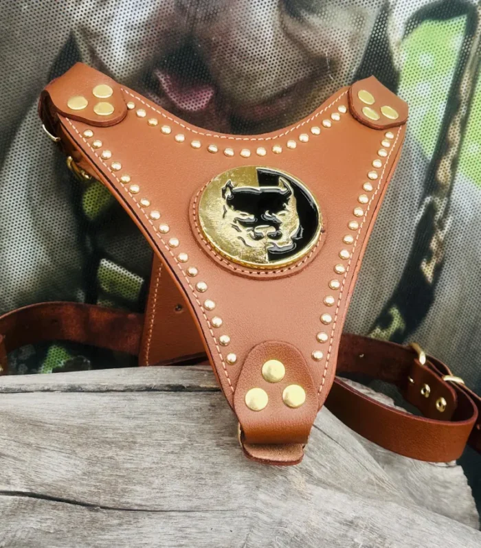Handmade Tan Buffalo Leather Dog Harness: Pitbull Emblem, Power Breeds