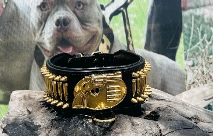 Handmade Buffalo Leather Dog Collar – Gun & Bullet Design, Large Breeds