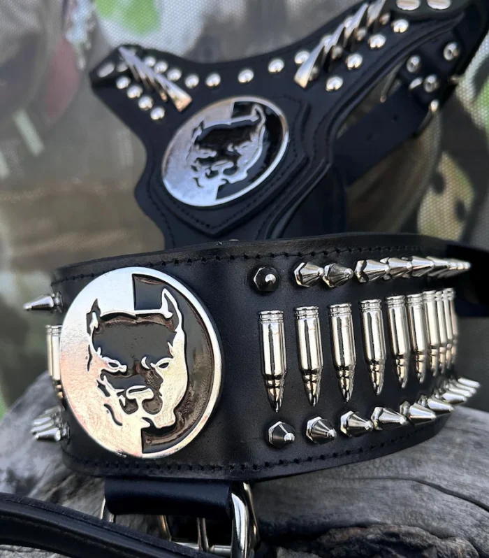 Luxury Leather Dog Collar & Harness Set with Bullet Decor - Handcrafted for Large Breeds