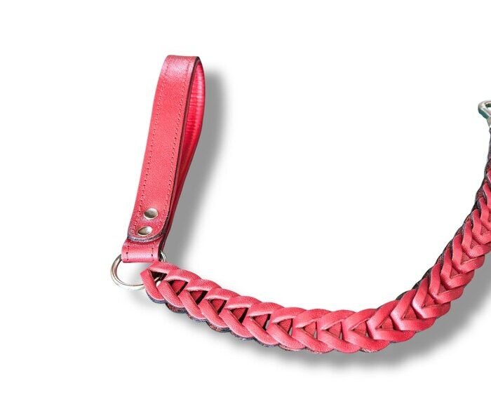 Handmade Braided Leather Dog Leash: 80cm Red Buffalo Leather Lead
