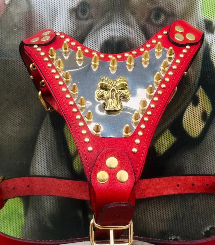 Handmade Red Leather Dog Harness: Steel Punicher Logo, Large Breeds