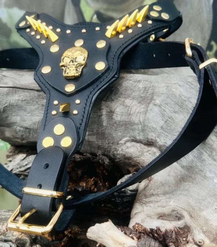 Handmade Buffalo Leather Dog Harness: Skull & Lightning Studded Design Xl Dog Collar