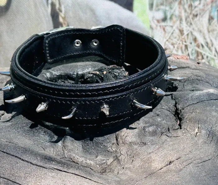 Handmade Spiked Black Leather Dog Collar: Large Breed, Bullies