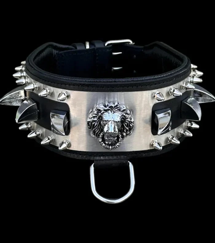 Handmade Spiked Buffalo Leather Dog Collar - Lion Emblem, Heavy Duty