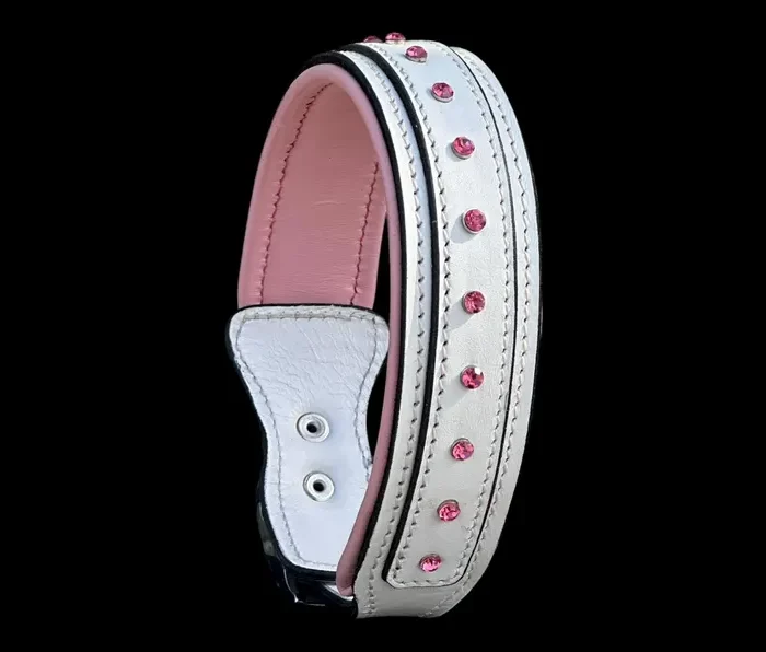 White & Pink Buffalo Leather cristal Dog Collar