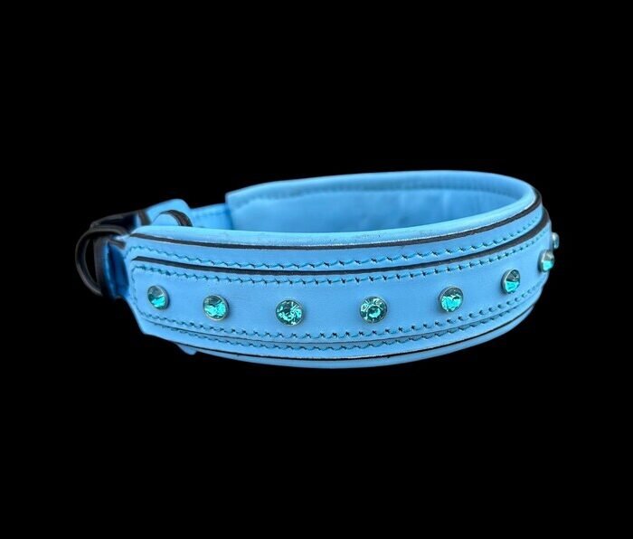 Blue Crystal Leather Dog Collar - Handmade Buffalo Leather