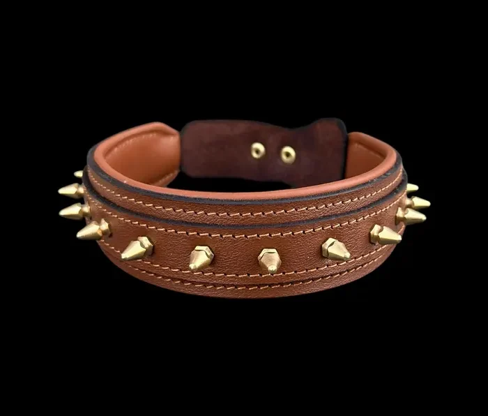 Brown Leather Dog Collar with Gold Spikes - 4cm Handmade Strong Breed Design