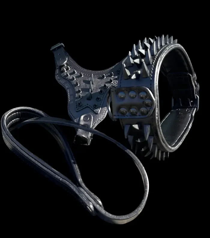 Black Spiked Leather Dog Harness Collar Leash Set | Heavy Duty, Bully Breed